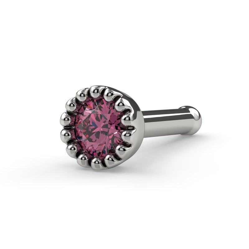 Platinum 2mm pink diamond nose bone stud with perlage milgrain bezel, angled view showing ball end