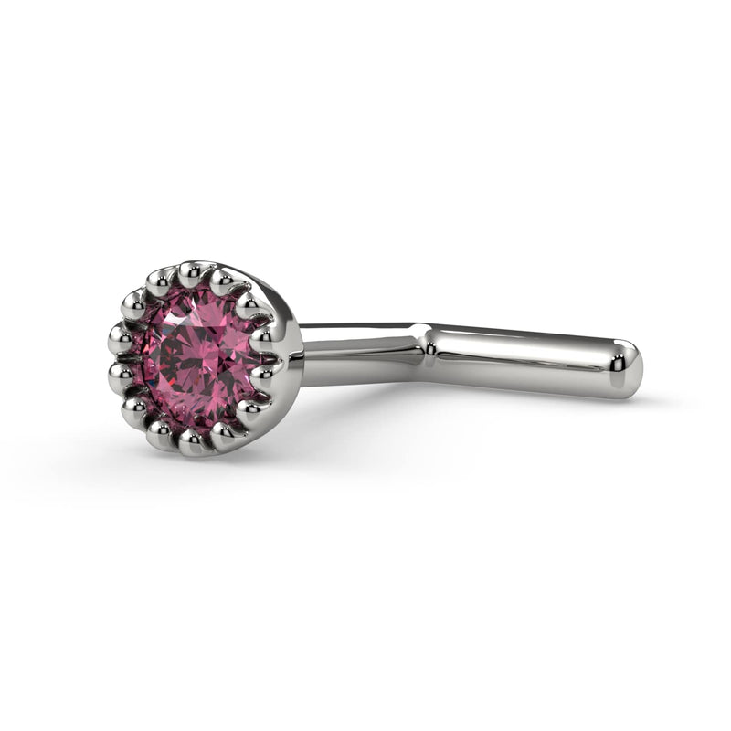 Platinum 2mm pink diamond L-post nose stud with perlage milgrain bezel, angled side view