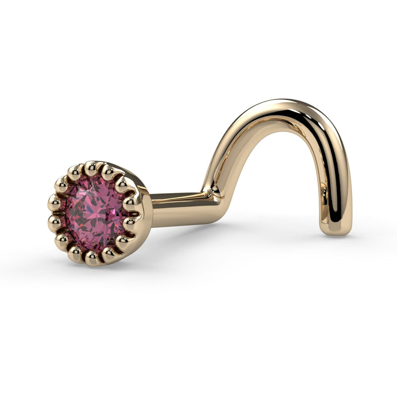 2mm pink diamond nose ring in 14k yellow gold, side profile showing twist post style