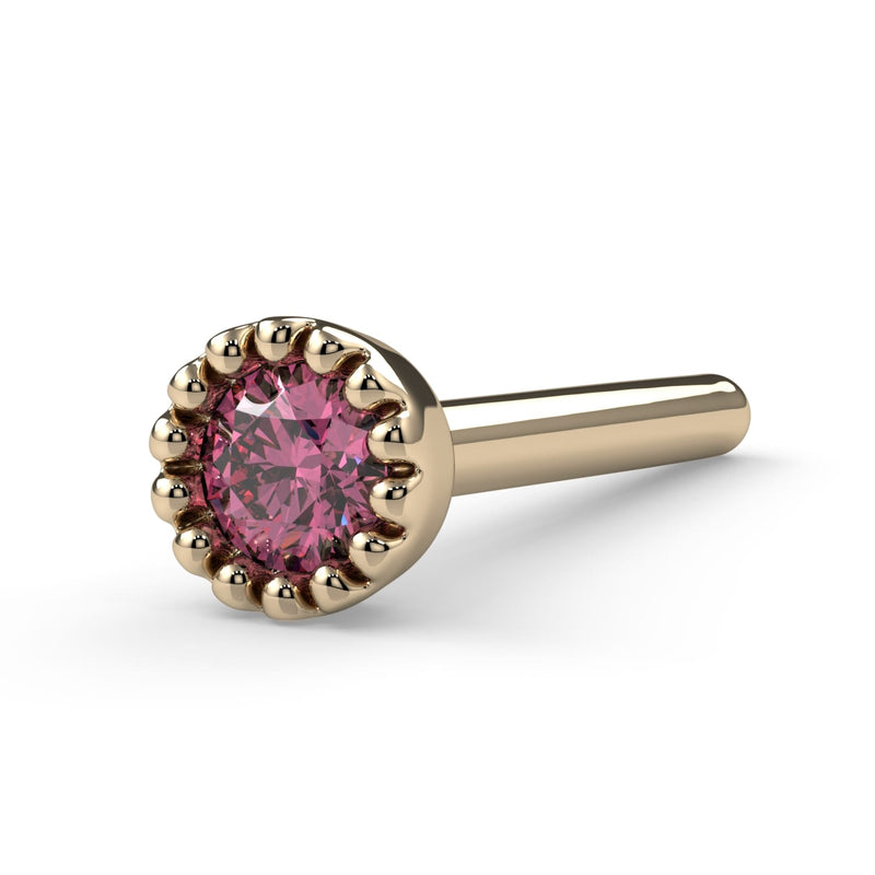 14k yellow gold pink diamond straight post nose stud with perlage bezel, angled side view