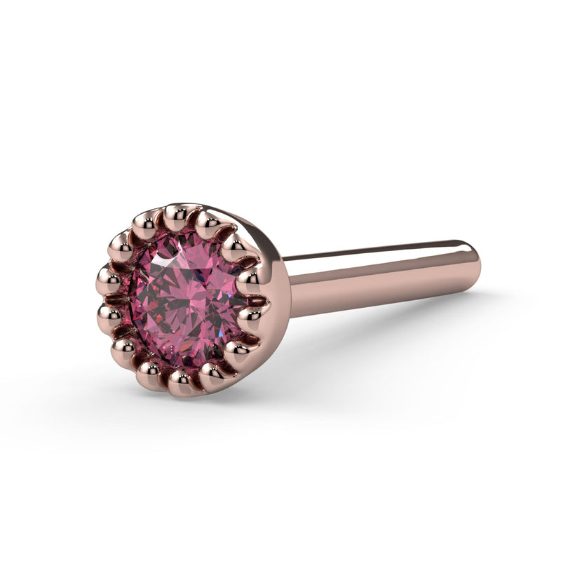 14k rose gold 2mm pink diamond straight post nose stud, side angle showing post and perlage setting