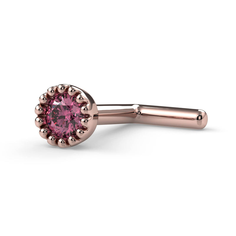 14k rose gold pink diamond L-post nose stud with milgrain bezel setting, side profile view