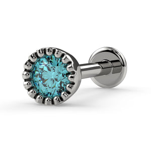 14k white gold aqua diamond perlage flat back labret stud showing milgrain bezel setting