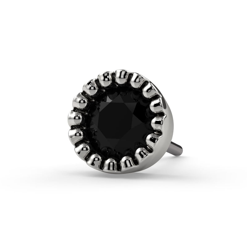 14k white gold 2.5mm black diamond perlage end-only close-up, front view of beaded milgrain surround
