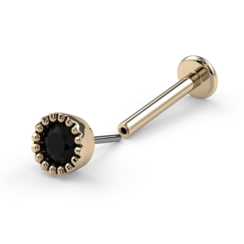 14k yellow gold black diamond threadless push-pin flat back stud with pin connector separated for clarity