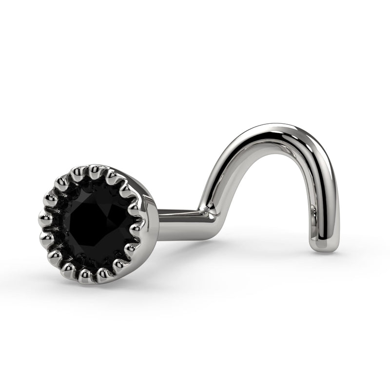 14k white gold black diamond perlage nose stud twist style, side profile showing screw post length