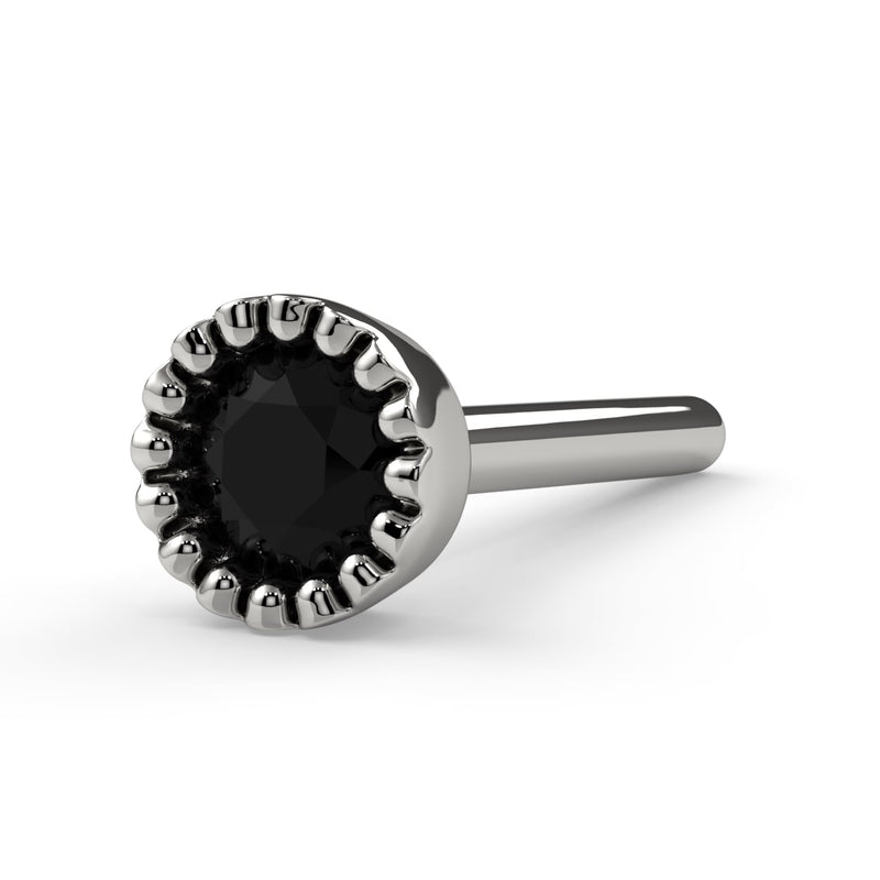 14k white gold black diamond perlage straight post nose stud, angled view showing full pin