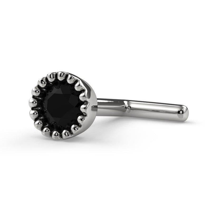 14k white gold black diamond perlage L-post nose stud, side view showing L-shaped post style