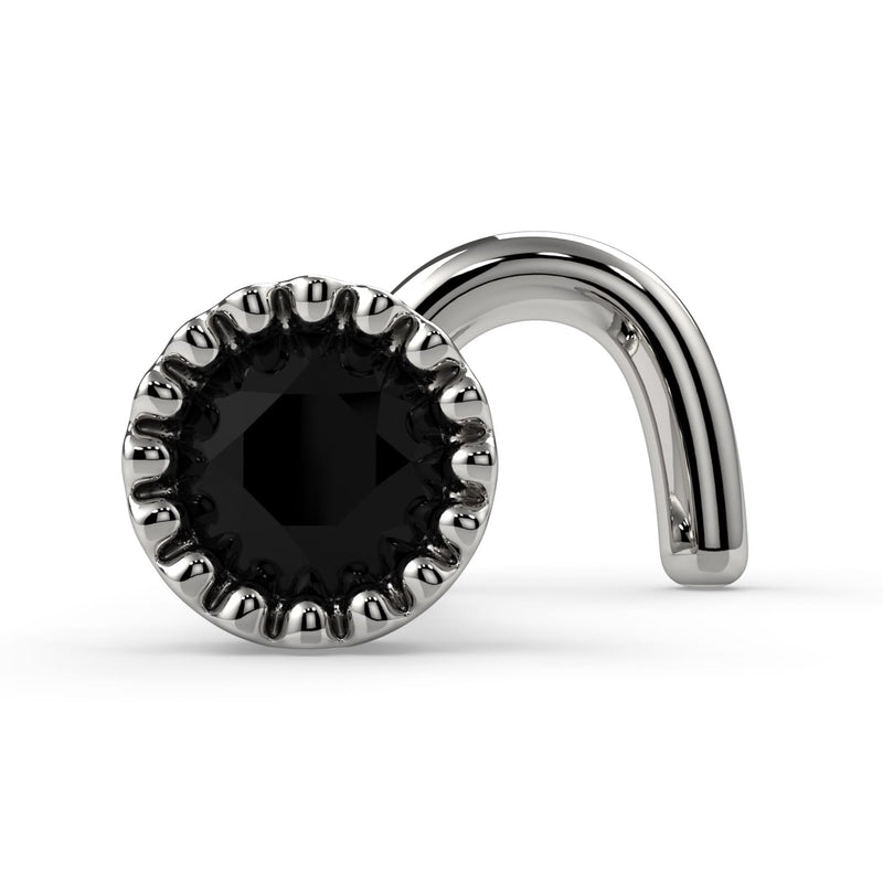 14k white gold black diamond nose ring twist style with milgrain perlage bezel setting, front view