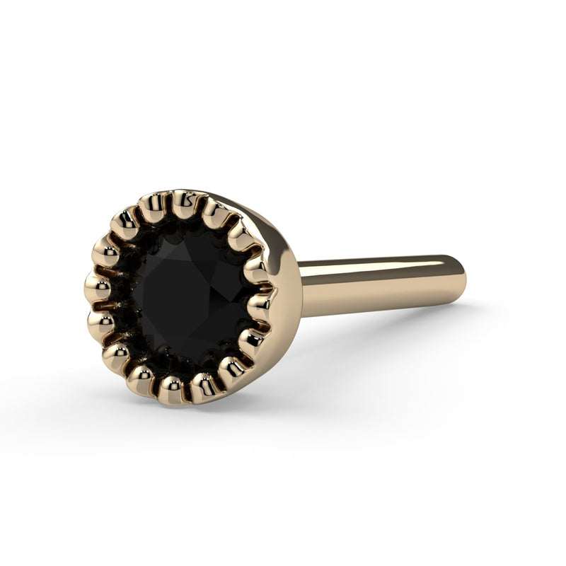 14k yellow gold black diamond perlage straight post nose stud, angled view showing full pin length