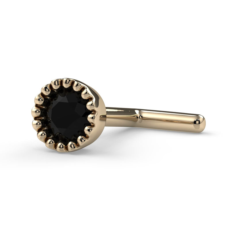 14k yellow gold black diamond perlage L-post nose stud, side view showing L-shaped post style