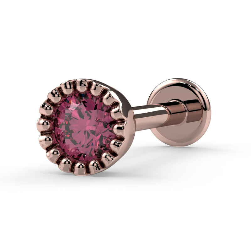 14k rose gold pink diamond perlage flat back labret stud, angled view highlighting warm-toned beaded halo