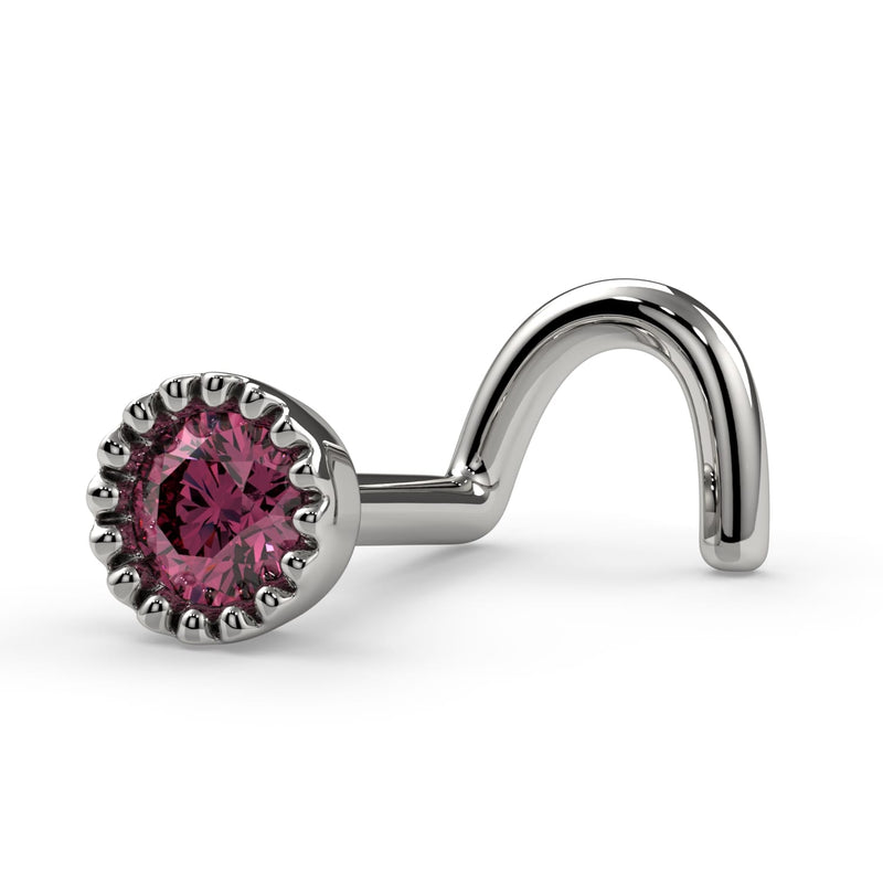 14k white gold pink diamond perlage nose ring with milgrain bezel, side angle showing twist post