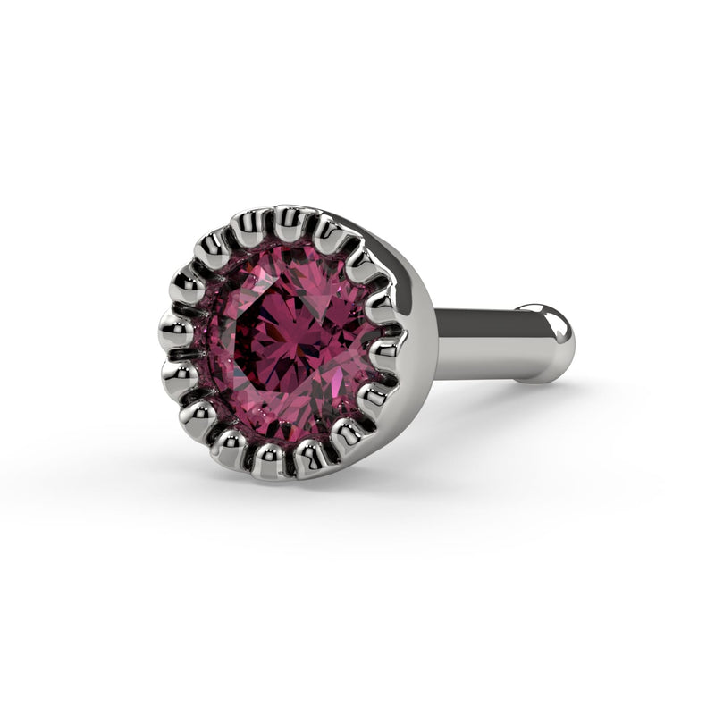 14k white gold pink diamond perlage flatback labret stud, angled view showing disc backing