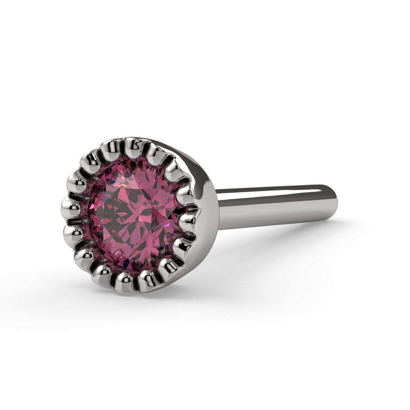 14k white gold pink diamond perlage nose bone stud, side profile showing bone post style