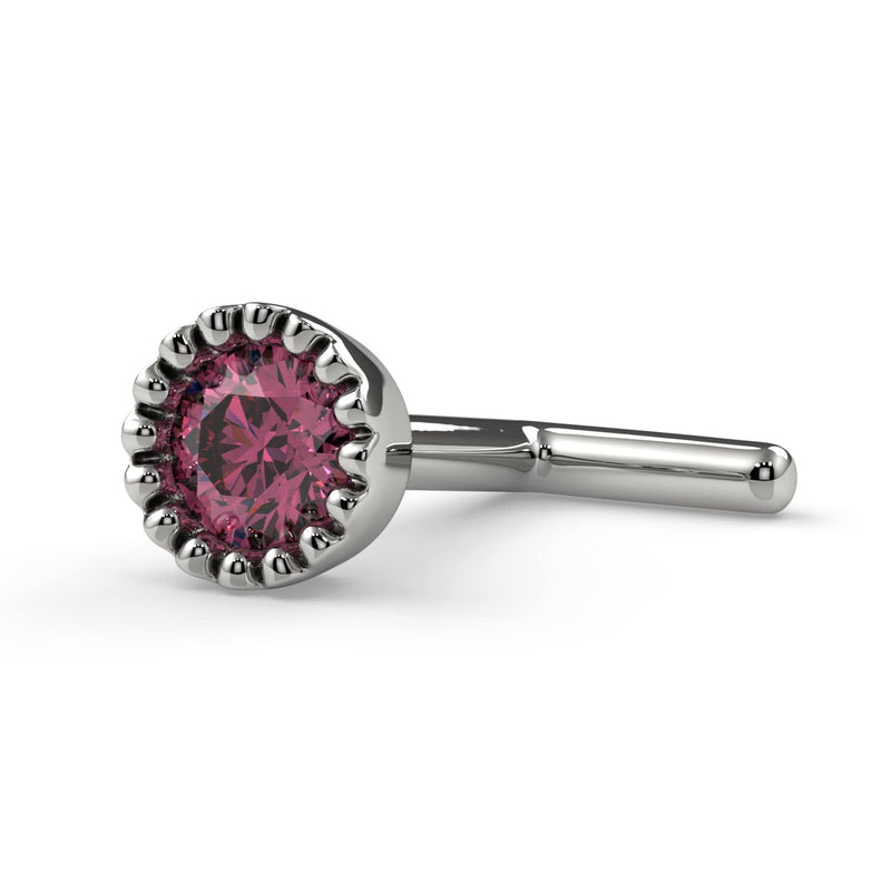 Platinum pink diamond perlage nose stud with straight post and milgrain bezel, side angle view