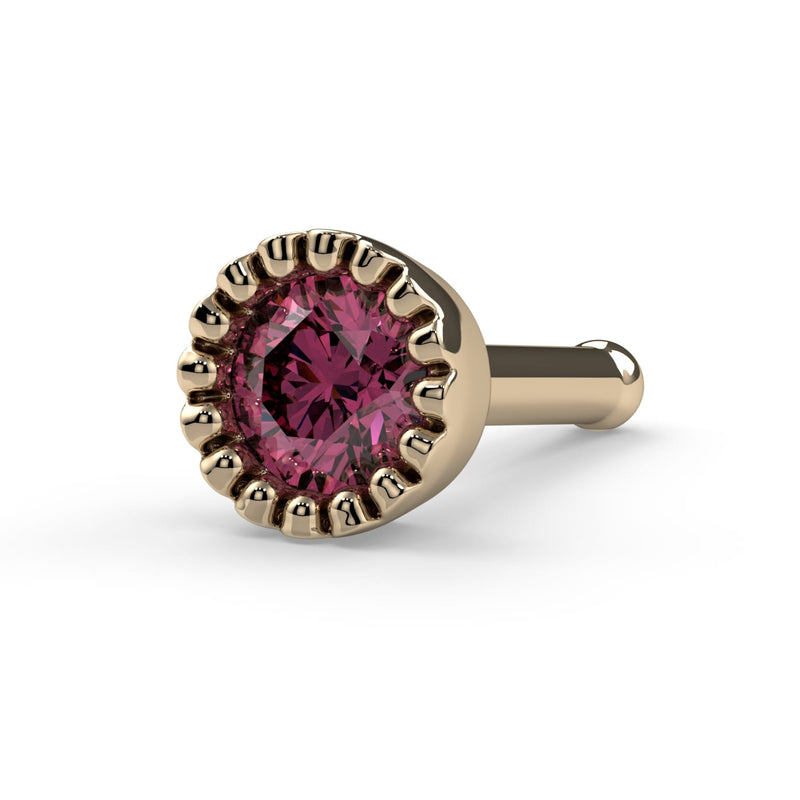 14k yellow gold pink diamond perlage flatback labret stud, angled view showing flat disc backing