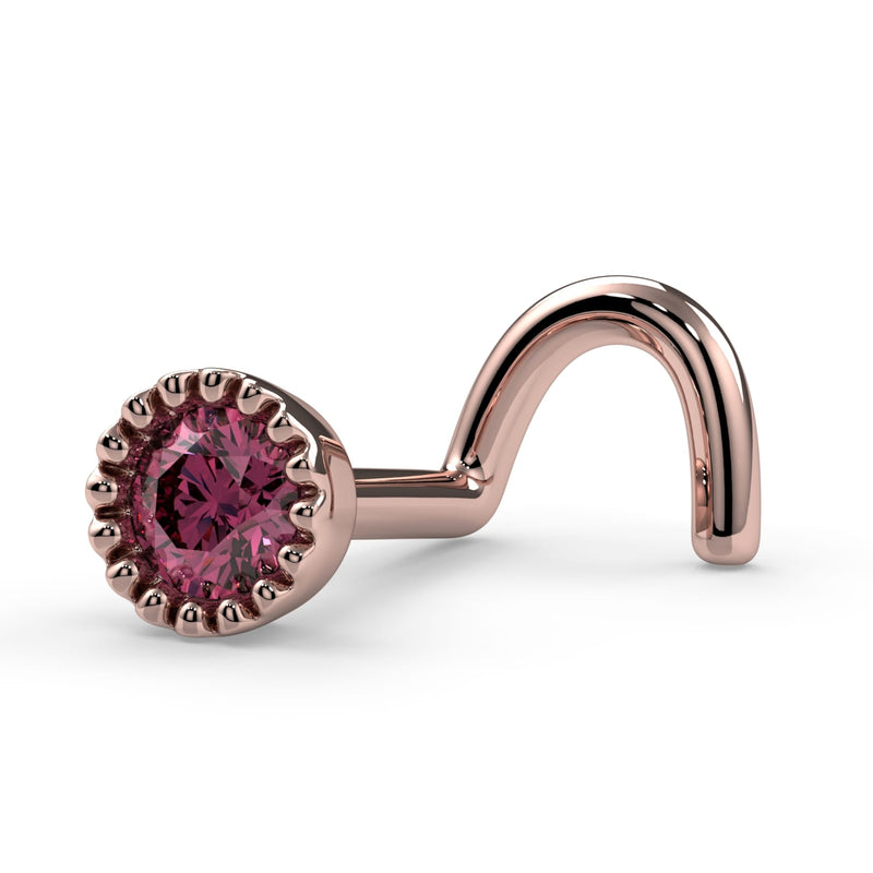14k rose gold pink diamond perlage nose ring, angled side view showing twist post style