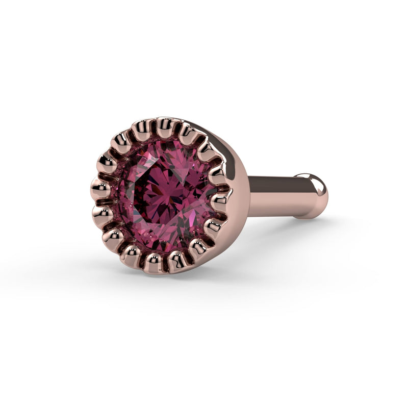 14k rose gold pink diamond perlage flatback labret, angled view showing flat disc backing