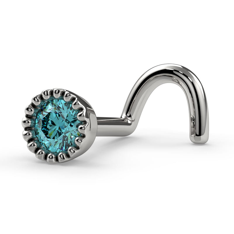14k white gold aqua diamond perlage nose ring, twist style, side view showing curved post