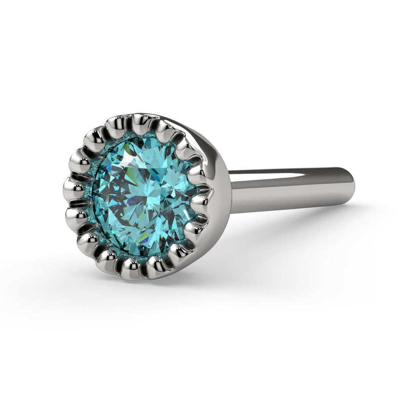 14k white gold 3mm aqua diamond perlage nose bone, elevated side angle showing straight post
