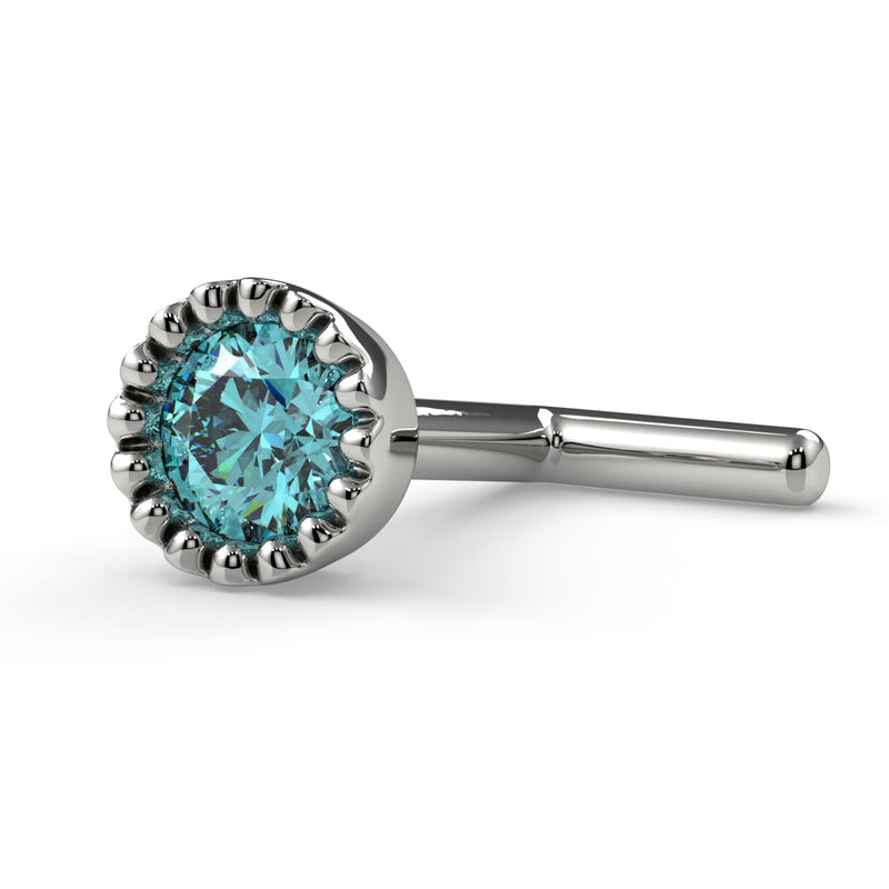 14k white gold aqua diamond perlage nose bone, low side angle showing post and milgrain bezel