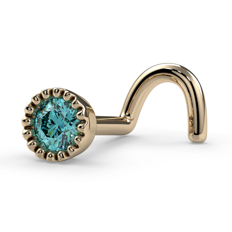 14k yellow gold aqua diamond perlage nose ring, twist style, side view showing curved post detail