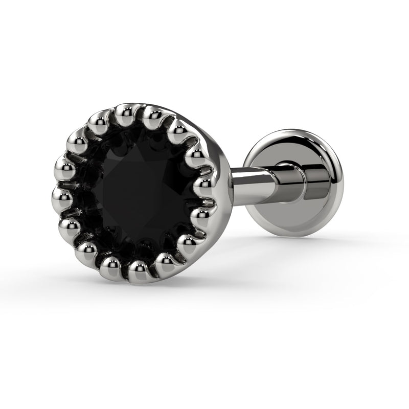 14k white gold 3mm black diamond perlage flatback labret showing post and flat disc backing