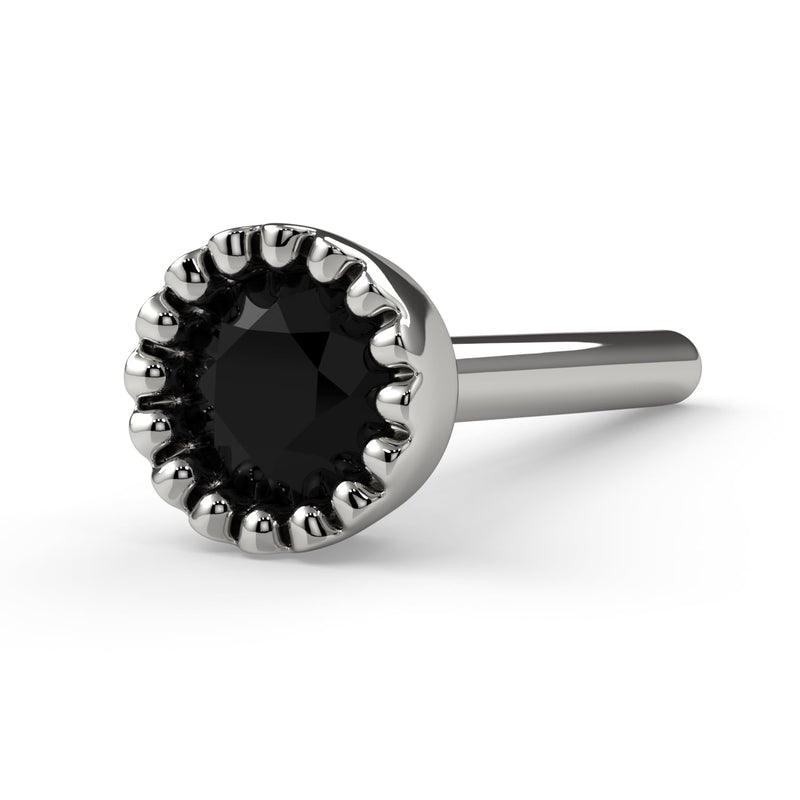 14k white gold black diamond perlage nose bone, side angle showing setting depth and straight post