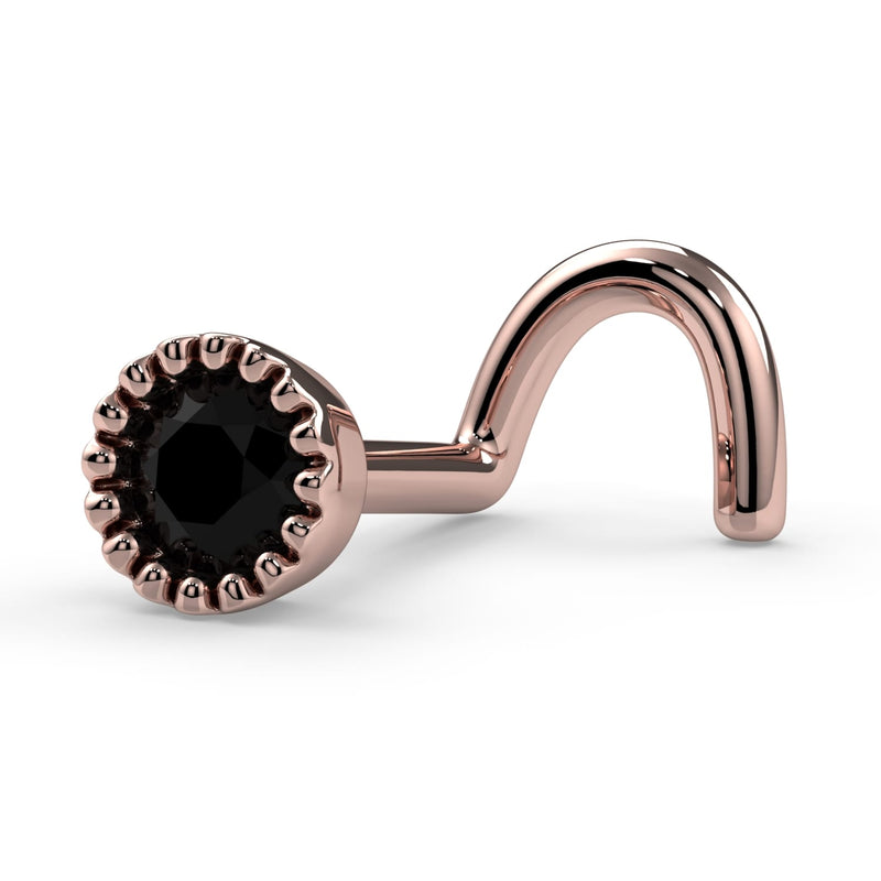 14k rose gold black diamond perlage nose ring twist style, side profile showing curved post