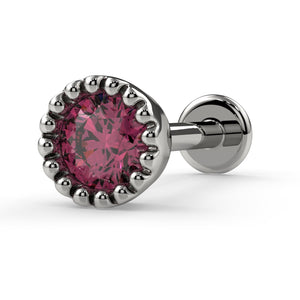 14k white gold 3mm pink diamond perlage bezel flatback stud, angled view highlighting silver-tone setting