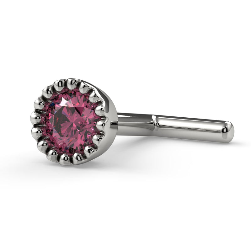 14k white gold 3mm pink diamond perlage L-post nose stud, side view showing L-shaped post