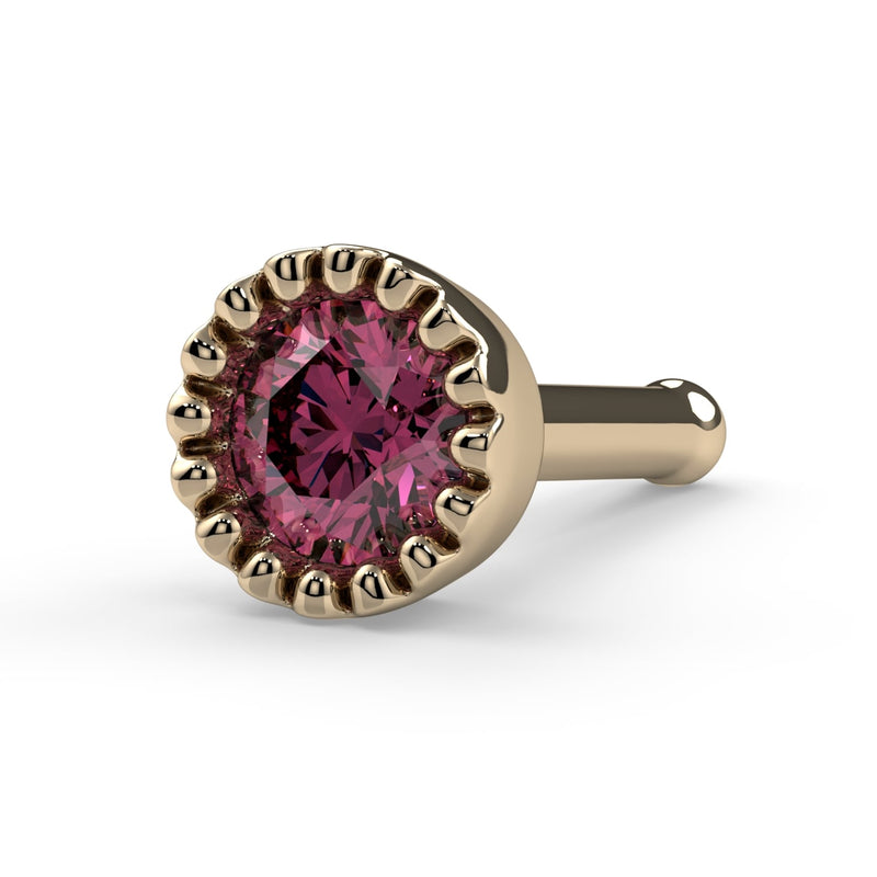 14k yellow gold 3mm pink diamond perlage bone nose stud, angled view showing rounded post end