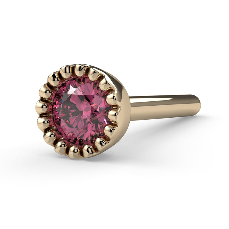 14k yellow gold 3mm pink diamond perlage straight post nose stud, low angled side view
