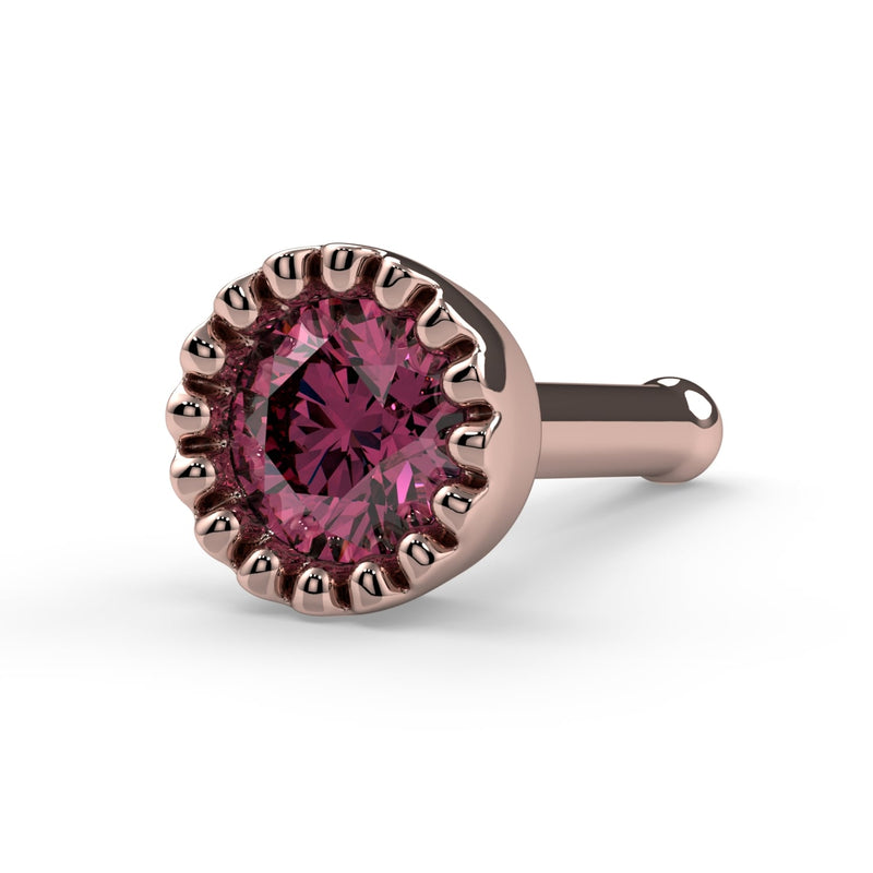 14k rose gold 3mm pink diamond perlage bone nose stud, angled view showing rounded post tip
