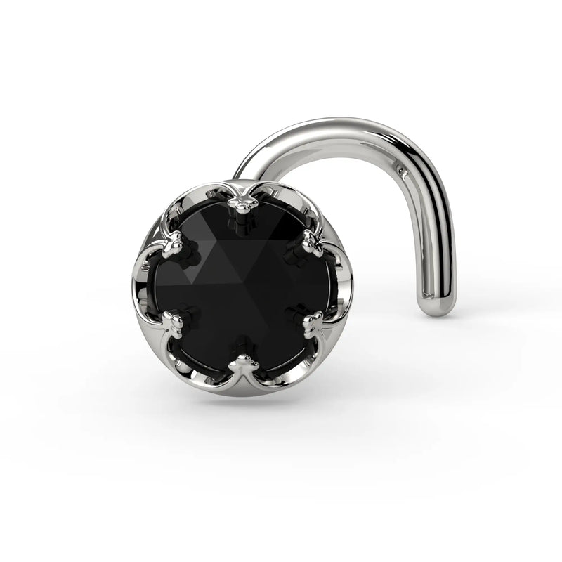 Reina Rose Cut Black Diamond Nose Ring in 14K White Gold with crown-set Rose Cut Black Diamond - for nostril piercings