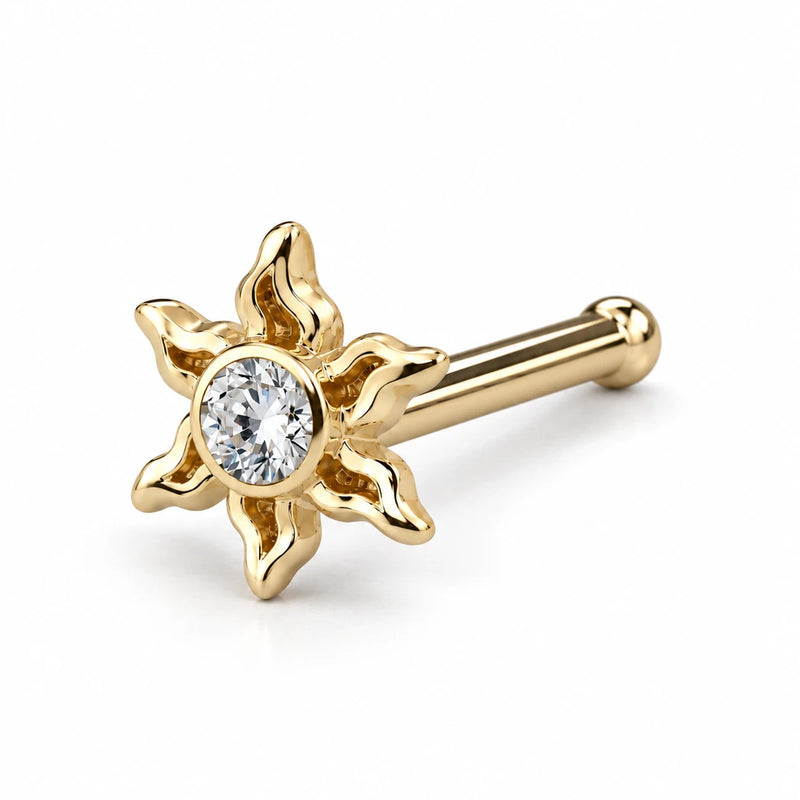 Diamond Sunburst Nose Ring in 14k yellow gold — bone post style