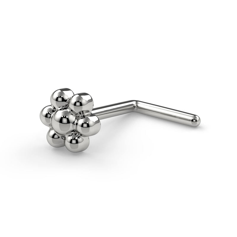 14k white gold beaded flower nose ring with L-post backing, angled side view
