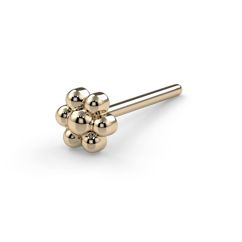 14k yellow gold flower nose ring with straight post backing, angled side view