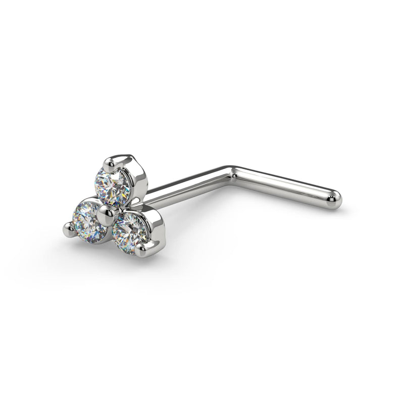 14k white gold trinity diamond nose ring L-post style, angled view showing right-angle backing