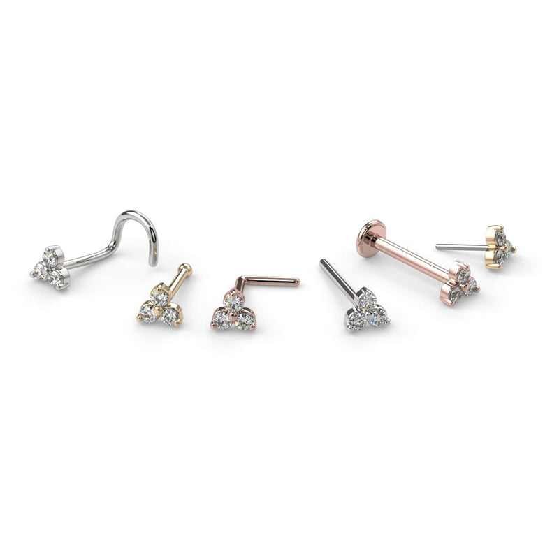 All backing styles of trinity diamond nose ring: twist, bone, L-post, straight post, and flatback in three gold colors