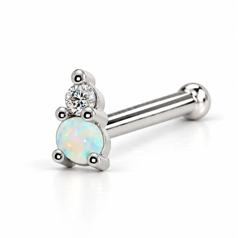 14k white gold L'Amour Venus & Mars nose ring with opal and diamond, bone style