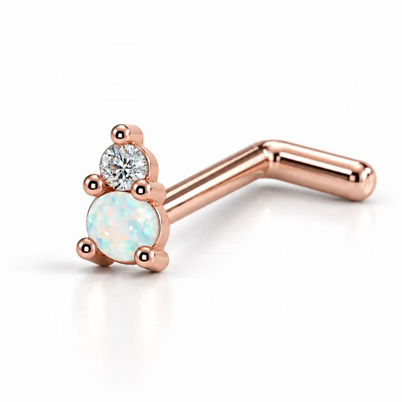 14k rose gold L'Amour Venus & Mars nose ring with opal and diamond, L-post style