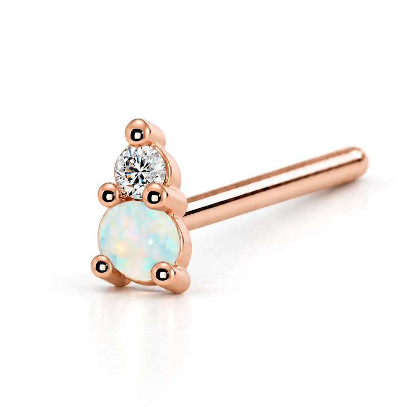 14k rose gold L'Amour Venus & Mars nose ring with opal and diamond, straight post style
