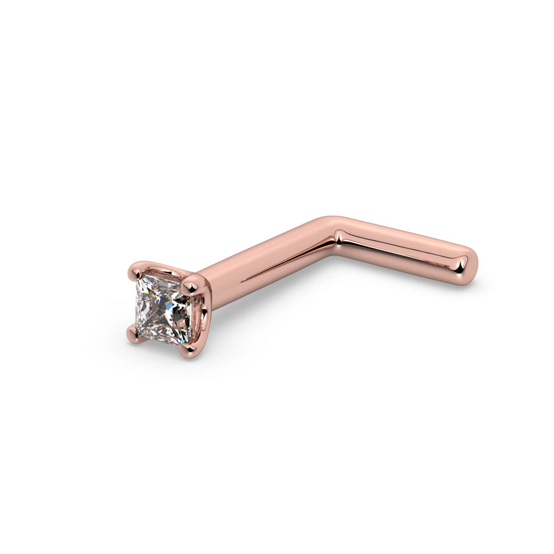 14k rose gold princess-cut diamond nose ring with L-post style, angled view showing post detail