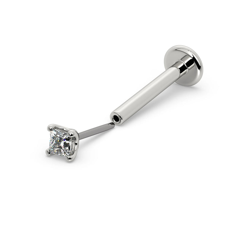14k white gold 1.5mm princess-cut diamond threadless flat back labret, angled view with push-pin end separated