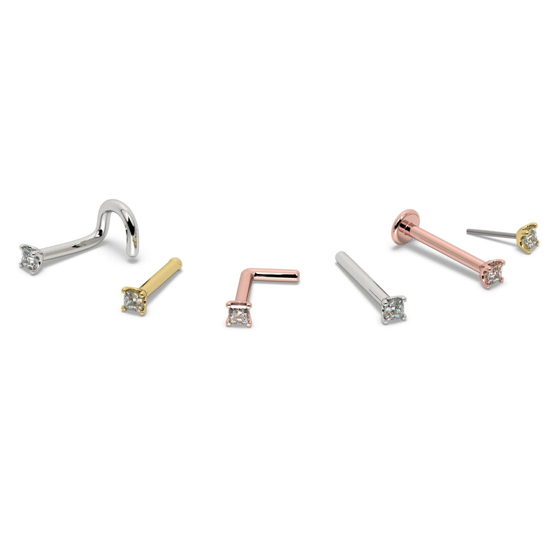 Princess-cut diamond nose ring shown in all style variants: twist, bone, L-post, flatback, and straight post