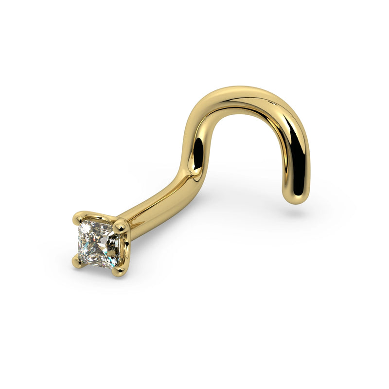 14k yellow gold princess-cut diamond nose screw twist style, angled view showing full curl