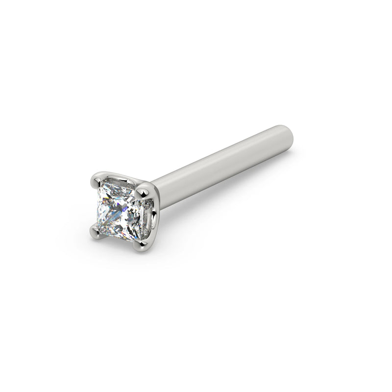 14k white gold 1.75mm princess-cut diamond nose ring, straight post style, angled product view