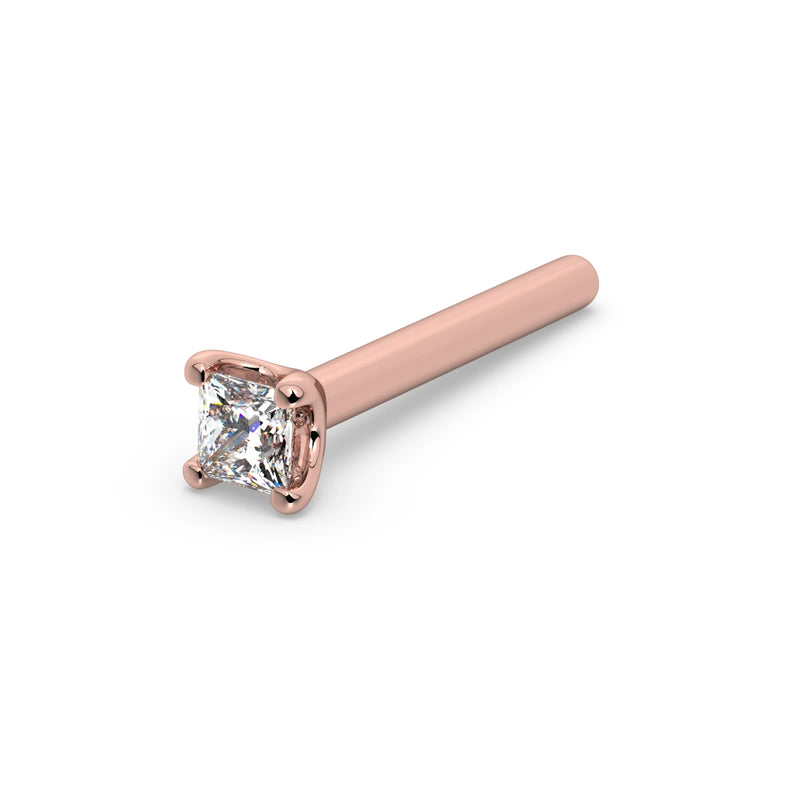 14k rose gold 1.75mm princess-cut diamond nose ring, straight post style, angled product view